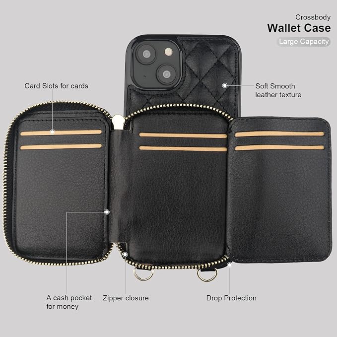 Bocasal Crossbody Wallet Case for iPhone 14 Plus, RFID Blocking PU Leather Zipper Handbag Purse Flip Cover, Kickstand Folio Case with Card Slots Holder Wrist Strap Lanyard 5G 6.7 Inch (Black)
