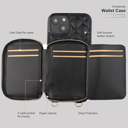Bocasal Crossbody Wallet Case for iPhone 14 Plus, RFID Blocking PU Leather Zipper Handbag Purse Flip Cover, Kickstand Folio Case with Card Slots Holder Wrist Strap Lanyard 5G 6.7 Inch (Black)