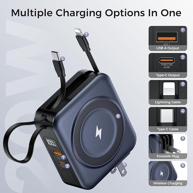 6-in-1 Magnetic Wireless Portable Charger 10000mAh – 22.5W Fast Charging with AC Wall Plug Built-in USB-C & Lightning Cables for iPhone 17/16/15/14/13/12, Android & Samsung(Deep Blue)