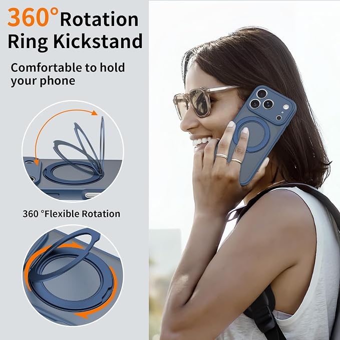Magnetic iPhone Case [Compatible with MagSafe], Shockproof Translucent Matte Phone Case for iPhone 17 Pro, Anti-Fingerprint, Oil Resistant(with 360° Rotatable Ring Holder Stand) (Blue, iPhone 17 Pro)