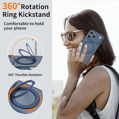 Magnetic iPhone Case [Compatible with MagSafe], Shockproof Translucent Matte Phone Case for iPhone 17 Pro, Anti-Fingerprint, Oil Resistant(with 360° Rotatable Ring Holder Stand) (Blue, iPhone 17 Pro)