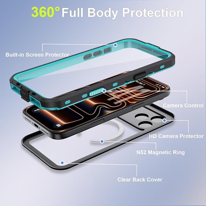 Beasyjoy for iPhone 17 Pro Max Case Waterproof, Built-in Screen Protector & Full Body Protection, Heavy Duty Rugged Military Shockproof Dustproof Case for Outdoor, Compatible with MagSafe, 6.9" Blue