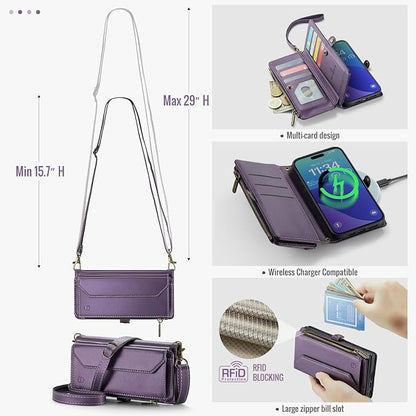 Strapurs Wallet Case Compatible with iPhone 16 Pro Max 6.9" RFID Blocking 10-Card Holder Soft PU Leather Magnetic Snap Shoulder Strap Zipper Pocket Phone Case Fit for iPhone 16 Pro Max - Purple