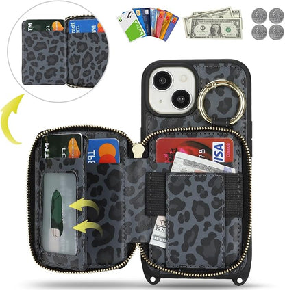 Crossbody Wallet Case for iPhone 14, PU Leather Zipper Handbag Purse Flip Cover, Kickstand Folio Case with Card Slots Holder Wrist Strap Lanyard 5G 6.1 Inch-Black Leopard