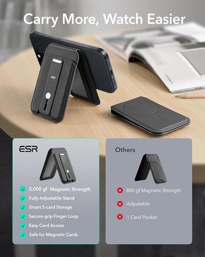 ESR for MagSafe Wallet Stand with Grip, RFID Blocking, MagSafe Ring Included, 5 Cards Holder for Phone Case, Magnetic Wallet for iPhone 17e/17/16/15/14/13/12 (Not for mini), Selected Samsung, Black