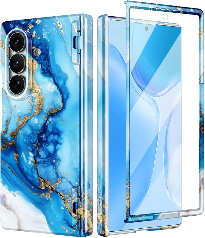 Btscase for Samsung Galaxy Z Fold 7 Case,Built in Front Screen Protector,Gold Glitter Marble Pattern Hard PC Slim Shockproof Full Body Drop Protective Case for Galaxy Z Fold 7 5G, Blue