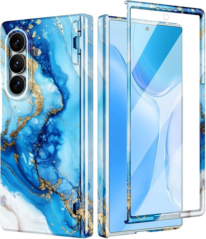 Btscase for Samsung Galaxy Z Fold 7 Case,Built in Front Screen Protector,Gold Glitter Marble Pattern Hard PC Slim Shockproof Full Body Drop Protective Case for Galaxy Z Fold 7 5G, Blue