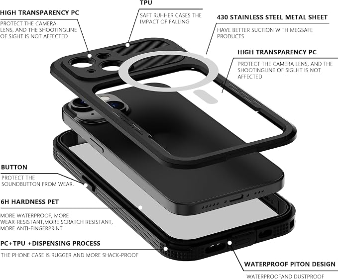 for iPhone 15 Plus 5G Waterproof Case,Compatible with Magsafe,Hybrid Rugged Shockproof Full Body Protective,with Lanyard,Clear Lens/Screen Protector Cover for iPhone 15 Plus 6.7 inch 2023,Black