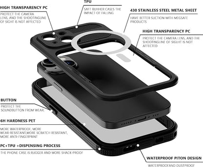 for iPhone 15 Plus 5G Waterproof Case,Compatible with Magsafe,Hybrid Rugged Shockproof Full Body Protective,with Lanyard,Clear Lens/Screen Protector Cover for iPhone 15 Plus 6.7 inch 2023,Black