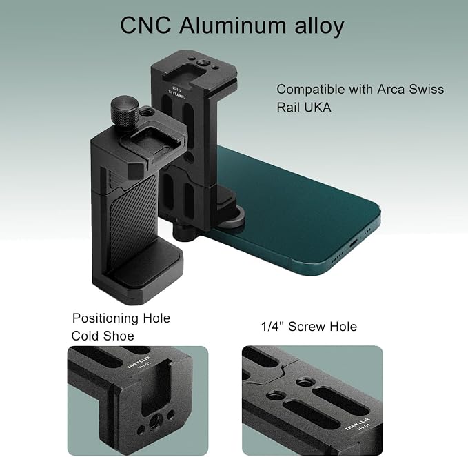 Aluminum Phone Tripod Mount with Cold Shoe & ARCA-Swiss Quick Release, Adjustable Smartphone Clamp with 1/4" Thread, Universal Phone Holder for iPhone 17/16/15/14/13, Samsung, Vlogging, Filming
