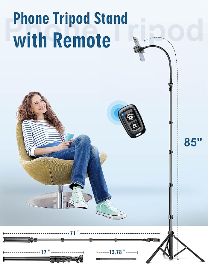 Phone Tripod, 85" Tripod for Cell Phone iPhone with Gooseneck, Aluminum Tripods Stand for Video Recording Photo Vlog, Travel Cellphone Tripod with Remote Compatible with iPhone Android