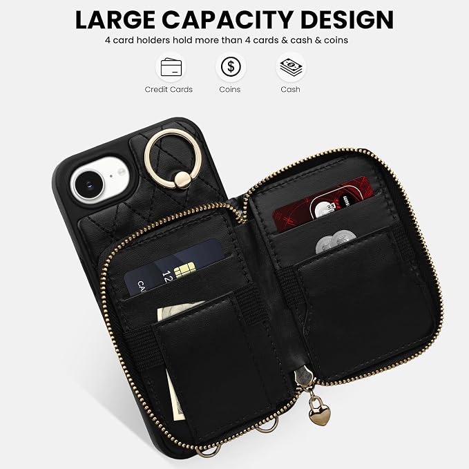 Keallce for iPhone 17e 6.1'' Wallet Case, Crossbody Zipper Purse with Wristlet for Women, RFID Blocking Card Holders, 360° Ring Kickstand Flip Leather Case for iPhone 16e 2025 2026, Black