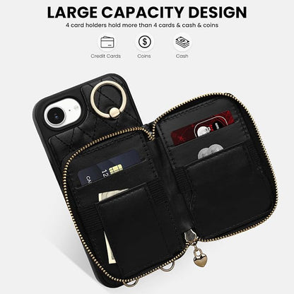 Keallce for iPhone 17e 6.1'' Wallet Case, Crossbody Zipper Purse with Wristlet for Women, RFID Blocking Card Holders, 360° Ring Kickstand Flip Leather Case for iPhone 16e 2025 2026, Black