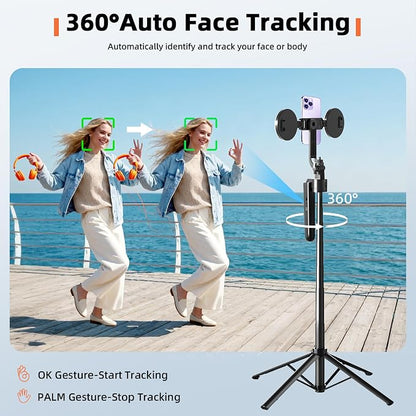 Auto Face Tracking Selfie Stick Tripod for iPhone with Light 360 Rotation That Follows Your Movement 70.9" Camera Tripod Stand with Remote for Content Creator Vlog Live Stream Video Recording