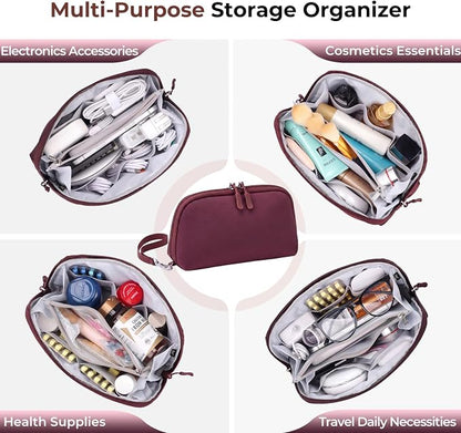 FYY Travel Cable Organizer - 8 Compartments, Lightweight, Water Repellent | With Wrist Strap, Portable Tech Pouch for Cord Charger, Travel and Business Trips Use, Soft Shell Nylon, Wine Red (Large)