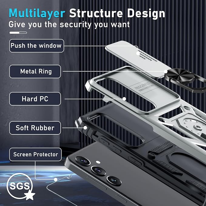 Janmitta Compatible with Samsung Galaxy S25 Plus/S24 Plus Case Built in Slide Camera Lens Cover+Screen Protector+Finger Ring Holder Kickstand,Heavy Duty Shockproof Full Body Phone Cover,Silver