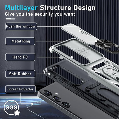 Janmitta Compatible with Samsung Galaxy S25 Plus/S24 Plus Case Built in Slide Camera Lens Cover+Screen Protector+Finger Ring Holder Kickstand,Heavy Duty Shockproof Full Body Phone Cover,Silver