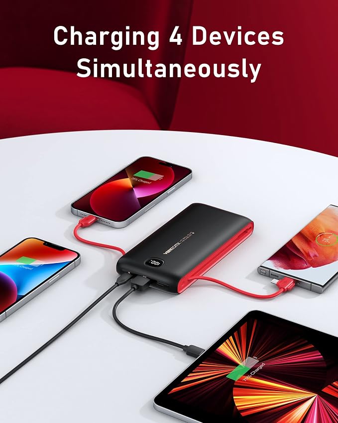 VEEKTOMX Portable Charger with Built in Cables 20000mAh, Power Bank for iPhone with AC Wall Plug, Fast Charging USB C Slim Battery Pack with LED Display Compatible with iPhone 17/16/15, Samsung