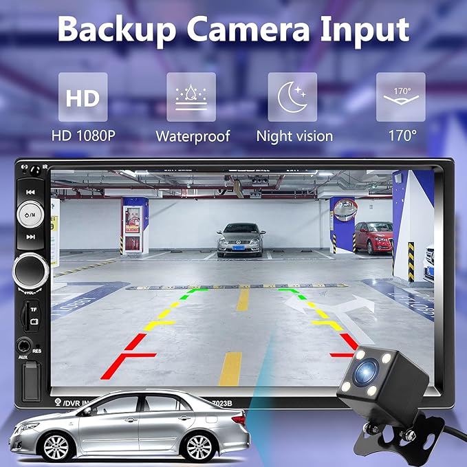 Podofo Double Din Car Stereo Radio 7 Inch Touch Screen Bluetooth Handsfree Mirror Link USB SD FM Audio Receiver with Backup Camera Wireless Steering Wheel Control
