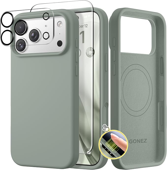 GONEZ Magnetic for iPhone 17 Pro Case, Compatible with MagSafe, [Screen Protector + Camera Lens Protector], Liquid Silicone Anti-Scratch Shockproof Protective Phone Case 6.3 inch, Calke Green
