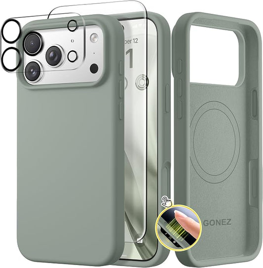 GONEZ Magnetic for iPhone 17 Pro Case, Compatible with MagSafe, [Screen Protector + Camera Lens Protector], Liquid Silicone Anti-Scratch Shockproof Protective Phone Case 6.3 inch, Calke Green