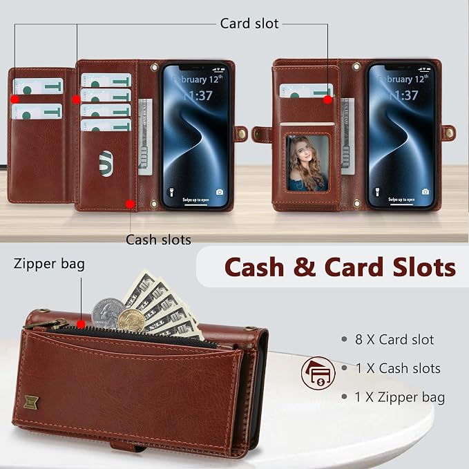 Wallet Case for iPhone 12/12 Pro with Card Holder/Crossbody Wallet/Strap| RFID Blocking | Magnetic | Kickstand | Detachable | PU Leather Phone Case for iPhone 12/12 Pro,6.1 in,Brown