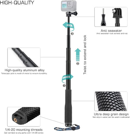 GEPULY Waterproof Selfie Stick Pole Hand Grip Adjustable Underwater Monopod for GoPro Hero 13 12 11 10 9 8 7 6 5 AKASO DJI OSMO 6 5 Pro Action Camera Black