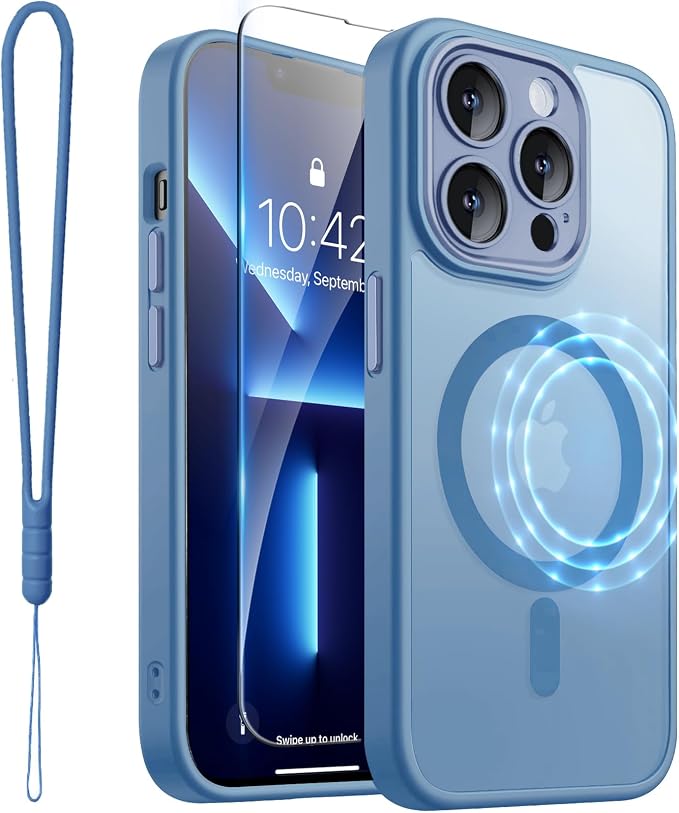 ROYBENS for iPhone 13 Pro-Max Matte Clear Case Compatible with Magsafe, Full Camera Lens Protection, Screen Protector, Wrist Strap, Translucent Magnetic Slim Hard Protective Phone Cover, Blue