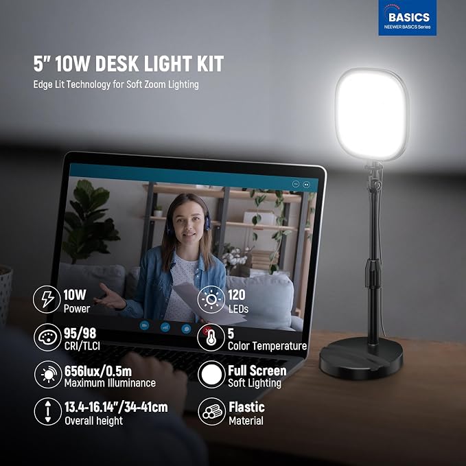NEEWER Basics 5" Full Screen LED Ring Light with Stand for Desk Video Calls, CRI95, 10W Bi Color Edge Lit Zoom Conference Lighting for Computer Laptop Webcam Phone Streaming Recording, NL10