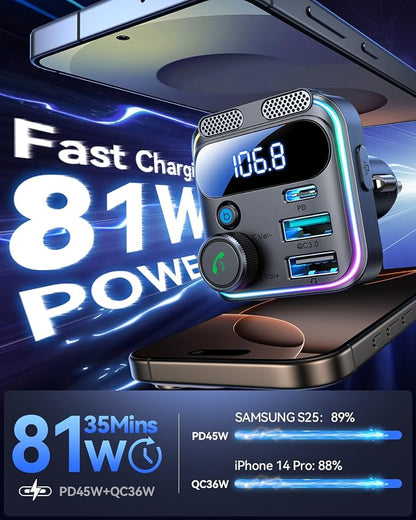 JOYROOM Bluetooth 5.4 Car Adapter FM Transmitter 81W Bluetooth Cigarette Lighter Adapter [PD45W&QC36W] Fast Charging Dual Mics HiFi Bass LED Display Wireless Radio Hands-Free Calling Support USB Drive