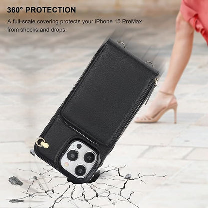 KIHUWEY Crossbody Wallet Case for iPhone 15 Pro Max, Zipper Pocket Case with Card Holder, PU Leather RFID Blocking Protective Cover with Kickstand and Detachable Wrist Strap Lanyard, 6.7" (Black)