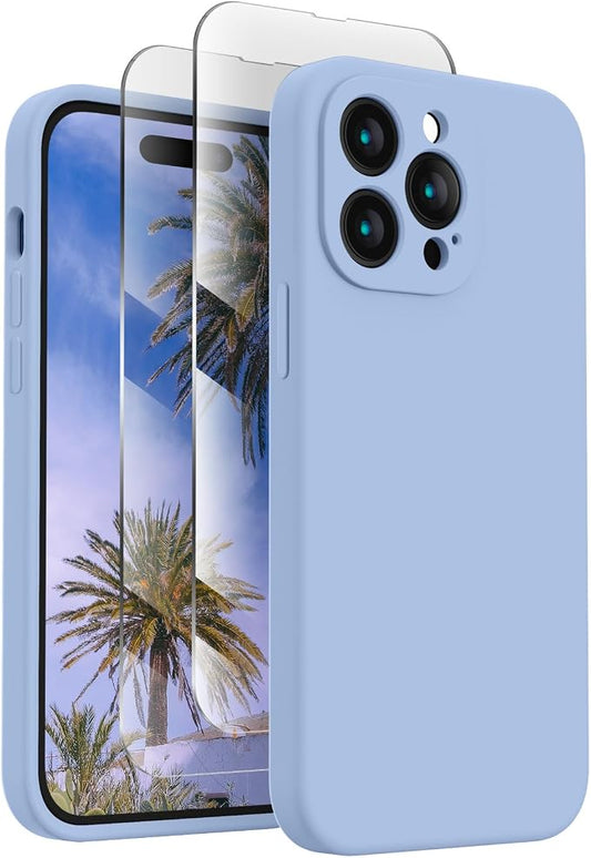FireNova Designed for iPhone 14 Pro Max Case, Silicone Upgraded [Camera Protection] Case with [2 Screen Protectors], Soft Anti-Scratch Microfiber Lining Inside, 6.7 inch, Light Blue