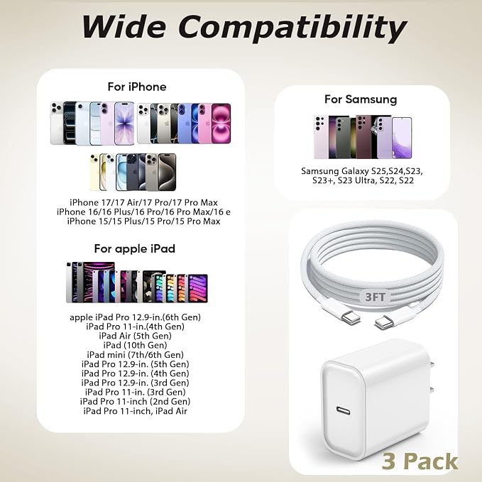 3 Pack iPhone 17 USB C Charger Fast Charging,20W Type C Port Wall Charger Power Brick with USB C to C Braided Cable Compatible with iPhone 17/17 Pro/17 Air/17 Pro Max/16/16 Pro/16 Plus/16 Pro Max/15