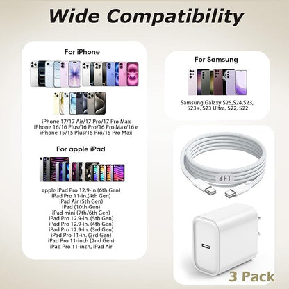 3 Pack iPhone 17 USB C Charger Fast Charging,20W Type C Port Wall Charger Power Brick with USB C to C Braided Cable Compatible with iPhone 17/17 Pro/17 Air/17 Pro Max/16/16 Pro/16 Plus/16 Pro Max/15