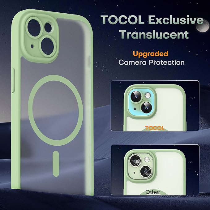 TOCOL for Phone 15 Case, Compatible with Magsafe Charger, Full Camera Protection, Drop Protection, Translucent Matte Phone Case for iPhone 15 6.1 inch (Light Green)