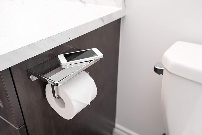 Linkaa Toilet Paper Holder with Shelf Polished Chrome,Bathroom Accessories Wall Mount Phone Holder,Heavy Duty Zinc Alloy Tissue Paper Roll Holder Cell Phone Storage Shelf (Polished Chrome)