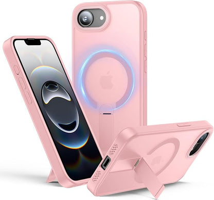 for iPhone 16e Case with Stand, Fit for MagSafe, Slim Translucent Matte Military-Grade Drop Protection Magnetic Kickstand Cover, Pink