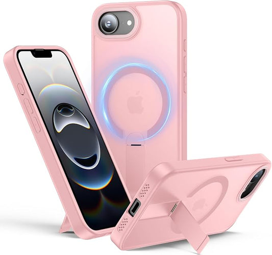 for iPhone 16e Case with Stand, Fit for MagSafe, Slim Translucent Matte Military-Grade Drop Protection Magnetic Kickstand Cover, Pink