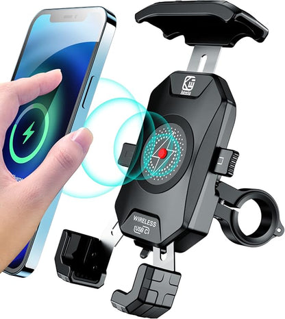 BRCOVAN Motorcycle Phone Mount Holder with Qi 15W Wireless Charger & PD/USB-C 20W Fast Charging Port, [1s Lock] Cellphone Cradle with Aluminum Alloy Handlebar Mounting Base for 4-7'' Smartphone