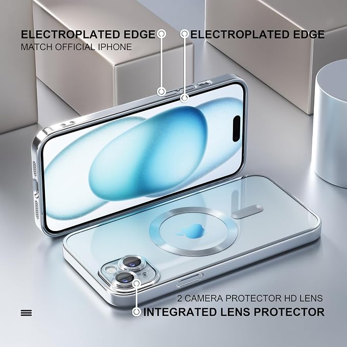Misea Magnetic for iPhone 15 Plus Case Compatible with MagSafe [Never Yellowing] [Military Grade Drop Protection] Full Camera Lens Protector Plating Soft Clear Phone Case for Women, Silver