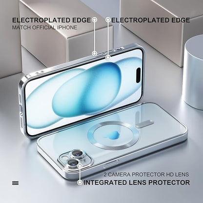 Misea Magnetic for iPhone 15 Case Compatible with MagSafe [Never Yellowing] [Military Grade Drop Protection] Full Camera Lens Protector Plating Soft Clear Phone Case for Women, Silver