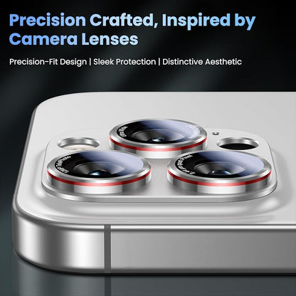 Uyiton Professional Camera Style for iPhone 16 Pro Max/16 Pro/14 Pro Max/14 Pro Camera Lens Protector - [Unique Typography + Phone Lens Red Circle Design] Metal Tempered Glass Camera Cover, Silver+Red