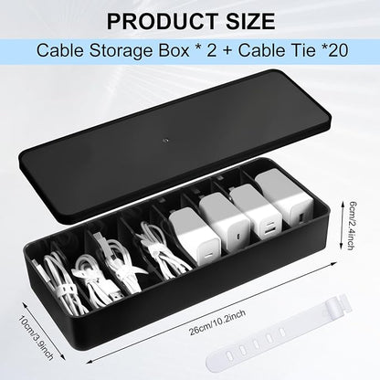 Tatuo 2 Pcs Cord Organizer for Drawer Desktop, Cable Organizer Box with 8 Compartments and Wire Ties, Plastic Charger Storage with Lid, Electronics Case for Home Office Accessories (Small,Black)
