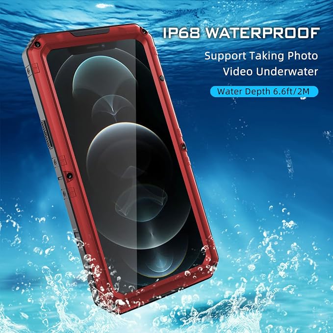 Mitywah Waterproof Case for iPhone 12 Pro, Heavy Duty Shockproof Case with Built-in Screen Protector, Full Body Underwater Protective Metal Case 6.1 inch, Red