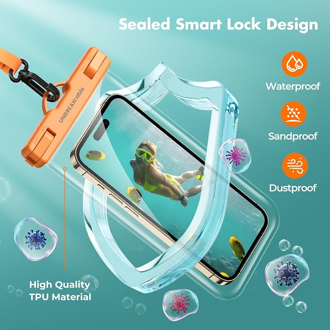 UNBREAKcable Waterproof Phone Pouch-2 Pack IPX8 Waterproof Phone Case for iPhone 16 15 14 13 12 Pro Max & Samsung S25 S24-Dry Bag & Travel Essentials for Beach, Pool, Kayak & Cruise-7" Orange + Purple