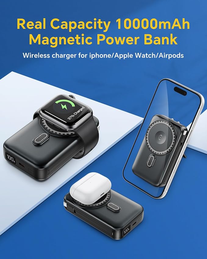 DR.HILL Magnetic Battery Pack Real Capacity 10000mAh, 22.5W Fast Charging Portable Charger with Built-in Cables & AC Wall Plug, Foldable Stand Power Bank for Apple Watch Phone 17/16/15/14/13 (Black)