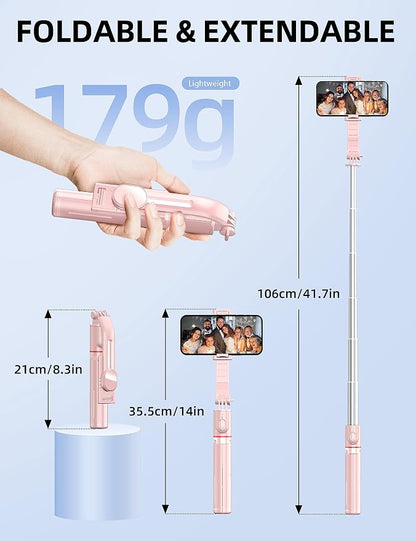 41'' Tripod for Phone, Extendable Selfie Stick with Wireless Remote, Aluminum Cell Phone Tripod Stand 360°Rotate Lightweight & Portable Compatible with iPhone/Android (Pink)