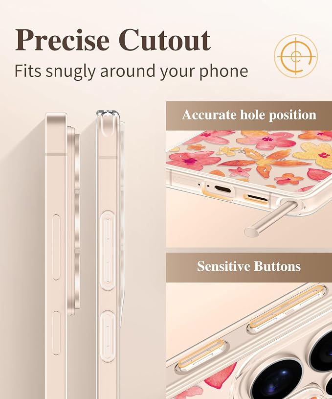 GVIEWIN for Samsung Galaxy S26 Ultra Case, Clear Floral Slim Shockproof Protective Women Phone Case, Non-Yellowing, with Screen Protector &Camera Lens Protector for S26 Ultra 6.9", Hemerocallis/Orange