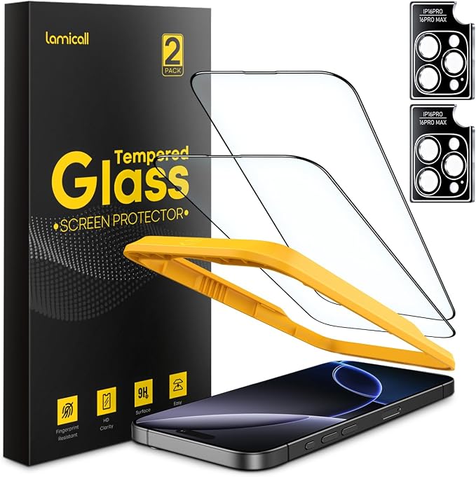 Lamicall 2+2 for iPhone 16 Pro Max Screen Protector (6.9") with Camera Lens Protector, [Top 9H Tempered Glass Film], Easy Alignment, Anti-Scratch, 0 Bubbles, HD Clear for iPhone 16 Pro Max - [2-Pack]