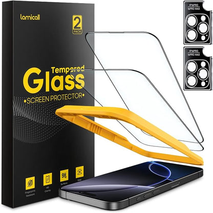 Lamicall 2+2 for iPhone 16 Pro Max Screen Protector (6.9") with Camera Lens Protector, [Top 9H Tempered Glass Film], Easy Alignment, Anti-Scratch, 0 Bubbles, HD Clear for iPhone 16 Pro Max - [2-Pack]